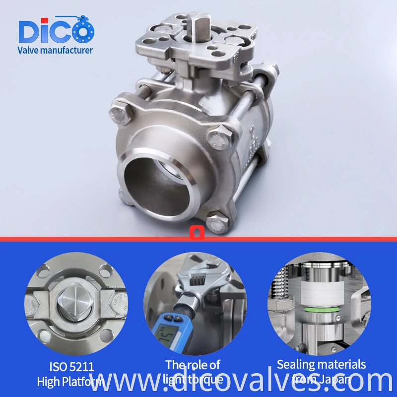 Dico Investment Casting Building Material Butt Weld End with High Platform Stainless Steel 3PC Ball Valve